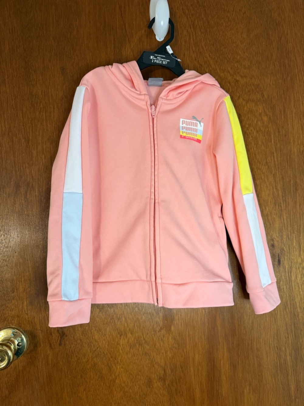 Puma Girls Coral Pink Hooded Zip Sweatshirt with Color-Block Sleeves
